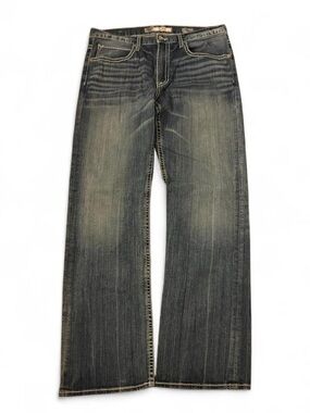 BKE Jake Jeans Men 36x34 Blue Straight Whisker Thick Stitch Denim Western Boot